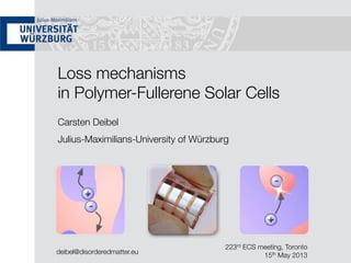 Loss mechanisms
in Polymer-Fullerene Solar Cells
Carsten Deibel
Julius-Maximilians-University of Würzburg
223rd ECS meeting, Toronto
15th May 2013
deibel@disorderedmatter.eu
 