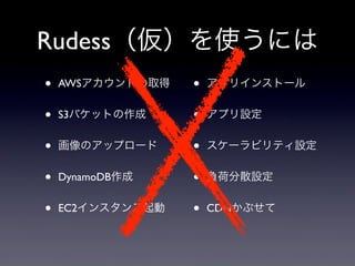 Rudess（仮）を使うには
• AWSアカウントの取得
• S3バケットの作成
• 画像のアップロード
• DynamoDB作成
• EC2インスタンス起動
• アプリインストール
• アプリ設定
• スケーラビリティ設定
• 負荷分散設定
• CDNかぶせて
 
