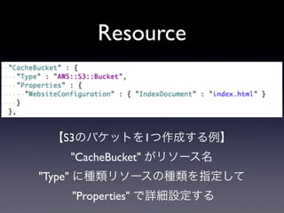 Resource
【S3のバケットを1つ作成する例】
"CacheBucket" がリソース名
"Type" に種類リソースの種類を指定して
"Properties" で詳細設定する
 