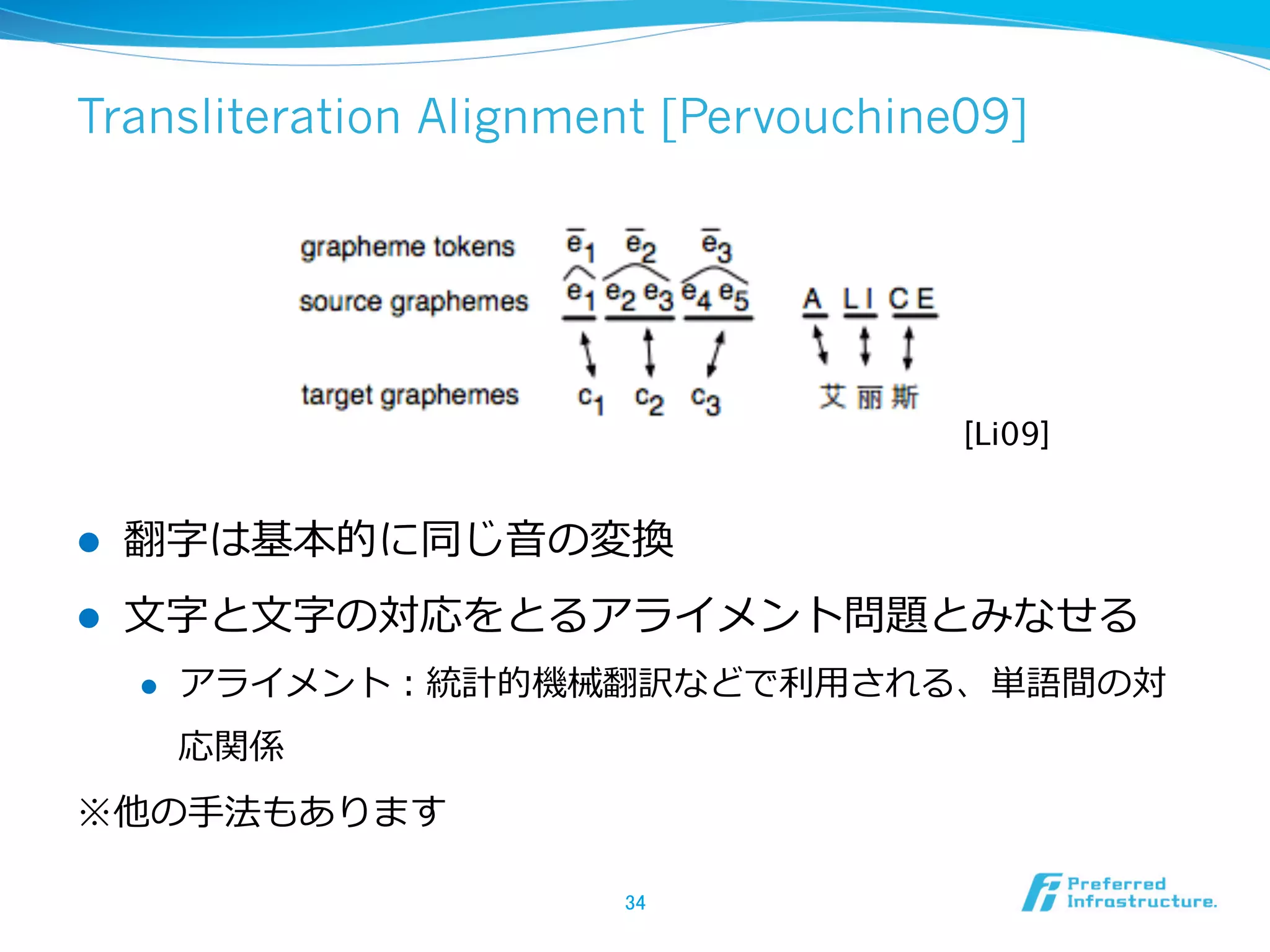 Transliteration Alignment [Pervouchine09]
l  翻字は基本的に同じ⾳音の変換
l  ⽂文字と⽂文字の対応をとるアライメント問題とみなせる
l  アライメント：統計的機械翻訳などで利利⽤用される、単語間の対
応関係
※他の⼿手法もあります
34	
[Li09]	
 