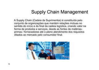 Supply Chain Management
A Supply Chain (Cadeia de Suprimentos) é constituída pelo
conjunto de organizações que mantém relações mútuas no
sentido do início e do final da cadeia logística, criando valor na
forma de produtos e serviços, desde as fontes de matérias-
primas / fornecedores até o pleno atendimento dos requisitos
ditados ao mercado pelo consumidor final.
10
 