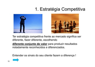1. Estratégia Competitiva
Ter estratégia competitiva frente ao mercado significa ser
diferente, fazer diferente, escolhendo
diferente conjunto de valor para produzir resultados
notadamente reconhecidos e diferenciados.
Entender os sinais do seu cliente fazem a diferença !
15
 