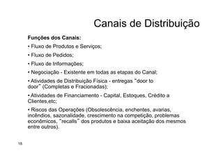 Canais de Distribuição
Funções dos Canais:
• Fluxo de Produtos e Serviços;
• Fluxo de Pedidos;
• Fluxo de Informações;
• Negociação - Existente em todas as etapas do Canal;
• Atividades de Distribuição Física - entregas “door to
door” (Completas e Fracionadas);
• Atividades de Financiamento - Capital, Estoques, Crédito a
Clientes,etc;
• Riscos das Operações (Obsolescência, enchentes, avarias,
incêndios, sazonalidade, crescimento na competição, problemas
econômicos, “recalls” dos produtos e baixa aceitação dos mesmos
entre outros).
18
 