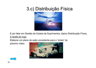 3.c) Distribuição Física
E por falar em Gestão da Cadeia de Suprimentos, tópico Distribuição Física,
A tarefa de hoje:
Elaborar um plano de ação consistente para o “antes” do
próximo video:
28
 