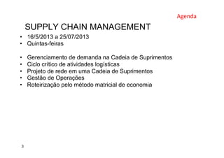 SUPPLY CHAIN MANAGEMENT
Agenda	
  
3
•  16/5/2013 a 25/07/2013
•  Quintas-feiras
•  Gerenciamento de demanda na Cadeia de Suprimentos
•  Ciclo crítico de atividades logísticas
•  Projeto de rede em uma Cadeia de Suprimentos
•  Gestão de Operações
•  Roteirização pelo método matricial de economia
 