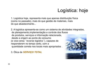 Logística: hoje
1. Logística hoje, representa mais que apenas distribuição física
(como no passado), mais do que gestão de materiais, mais
do que abastecimento...
2. A logística apresenta-se como um sistema de atividades integradas,
de planejamento,implementação e controle dos fluxos
de produtos, serviços e informação relacionada,
desde a origem ao ponto de consumo
(e vice-versa ‘reverse logistics’), capazes de
responderem no tempo certo, com a
quantidade correta nos locais mais apropriados .
3. Ótica de SERVIÇO TOTAL
33
 