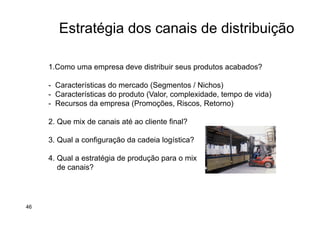 Estratégia dos canais de distribuição
1.Como uma empresa deve distribuir seus produtos acabados?
- Características do mercado (Segmentos / Nichos)‫‏‬
- Características do produto (Valor, complexidade, tempo de vida)‫‏‬
- Recursos da empresa (Promoções, Riscos, Retorno)
2. Que mix de canais até ao cliente final?
3. Qual a configuração da cadeia logística?
4. Qual a estratégia de produção para o mix
de canais?
46
 