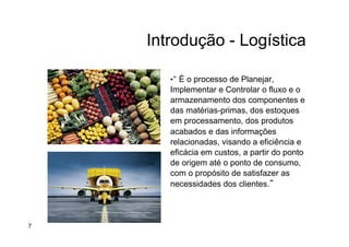Introdução - Logística
• “ É o processo de Planejar,
Implementar e Controlar o fluxo e o
armazenamento dos componentes e
das matérias-primas, dos estoques
em processamento, dos produtos
acabados e das informações
relacionadas, visando a eficiência e
eficácia em custos, a partir do ponto
de origem até o ponto de consumo,
com o propósito de satisfazer as
necessidades dos clientes.”
7
 
