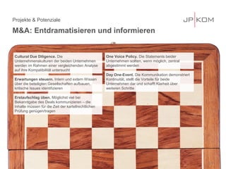 Projekte & Potenziale
M&A: Entdramatisieren und informieren
21
Cultural Due Diligence. Die
Unternehmenskulturen der beiden Unternehmen
werden im Rahmen einer vergleichenden Analyse
auf ihre Kompatibilität untersucht
Erstaufschlag üben. Möglichst viel bei
Bekanntgabe des Deals kommunizieren – die
Inhalte müssen für die Zeit der kartellrechtlichen
Prüfung genügen/tragen
Day One-Event. Die Kommunikation demonstriert
Kontinuität, stellt die Vorteile für beide
Unternehmen dar und schafft Klarheit über
weiteren Schritte
One Voice Policy. Die Statements beider
Unternehmen sollten, wenn möglich, zentral
abgestimmt werden
Erwartungen steuern. Intern und extern Wissen
über die beteiligten Gesellschaften aufbauen,
kritische Issues identifizieren
 