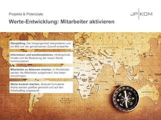 Projekte & Potenziale
Werte-Entwicklung: Mitarbeiter aktivieren
23
Storytelling. Die Vergangenheit interpretieren und
ein Bild von der gemeinsamen Zukunft entwerfen
Mitarbeiter zu Akteuren machen. In Workshops
werden die Mitarbeiter aufgefordert, ihre Ideen
einzubringen.
Werte konkret machen. Abstrakt formulierte
Werte werden greifbar gemacht und auf den
Arbeitsalltag angewandt
Informieren und emotionalisieren. Hintergründe,
Inhalte und die Bedeutung der neuen Werte
kommunizieren
 