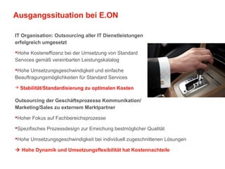 Ausgangssituation bei E.ON
IT Organisation: Outsourcing aller IT Dienstleistungen
erfolgreich umgesetzt
Hohe Kosteneffizenz bei der Umsetzung von Standard
Services gemäß vereinbarten Leistungskatalog
Hohe Umsetzungsgeschwindigkeit und einfache
Beauftragungsmöglichkeiten für Standard Services
 Stabilität/Standardisierung zu optimalen Kosten
Outsourcing der Geschäftsprozesse Kommunikation/
Marketing/Sales zu externem Marktpartner
Hoher Fokus auf Fachbereichsprozesse
Spezifisches Prozessdesign zur Erreichung bestmöglicher Qualität
Hohe Umsetzungsgeschwindigkeit bei individuell zugeschnittenen Lösungen
 Hohe Dynamik und Umsetzungsflexibilität hat Kostennachteile
28
 