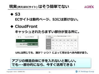 Copyright © 2013 AGREX INC. 13
ECサイトは動的ページ、S3には置けない。
現実(例えばECサイト) はそう簡単でない
◆ S3
◆ CloudFront
キャッシュされたらまずい部分が至る所に。
URLは同じでも、誰が？ いつ？ によって見せるべき内容が違う。
アプリの構造自体に手を入れないと難しい。
でも･･･部分的になら、今すぐ活用できる！
 