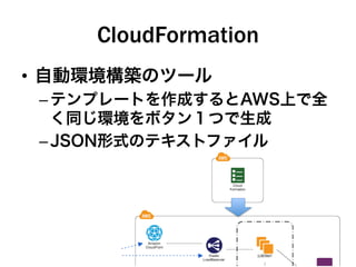 CloudFormation
•  自動環境構築のツール
– テンプレートを作成するとAWS上で全
く同じ環境をボタン１つで生成
– JSON形式のテキストファイル
 