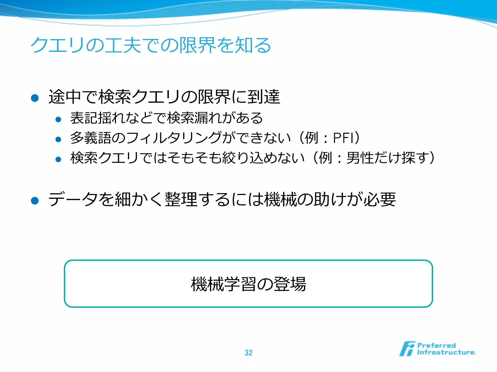 クエリの⼯工夫での限界を知る
l  途中で検索索クエリの限界に到達
l  表記揺れなどで検索索漏漏れがある
l  多義語のフィルタリングができない（例例：PFI）
l  検索索クエリではそもそも絞り込めない（例例：男性だけ探す）
l  データを細かく整理理するには機械の助けが必要
32	
機械学習の登場
 