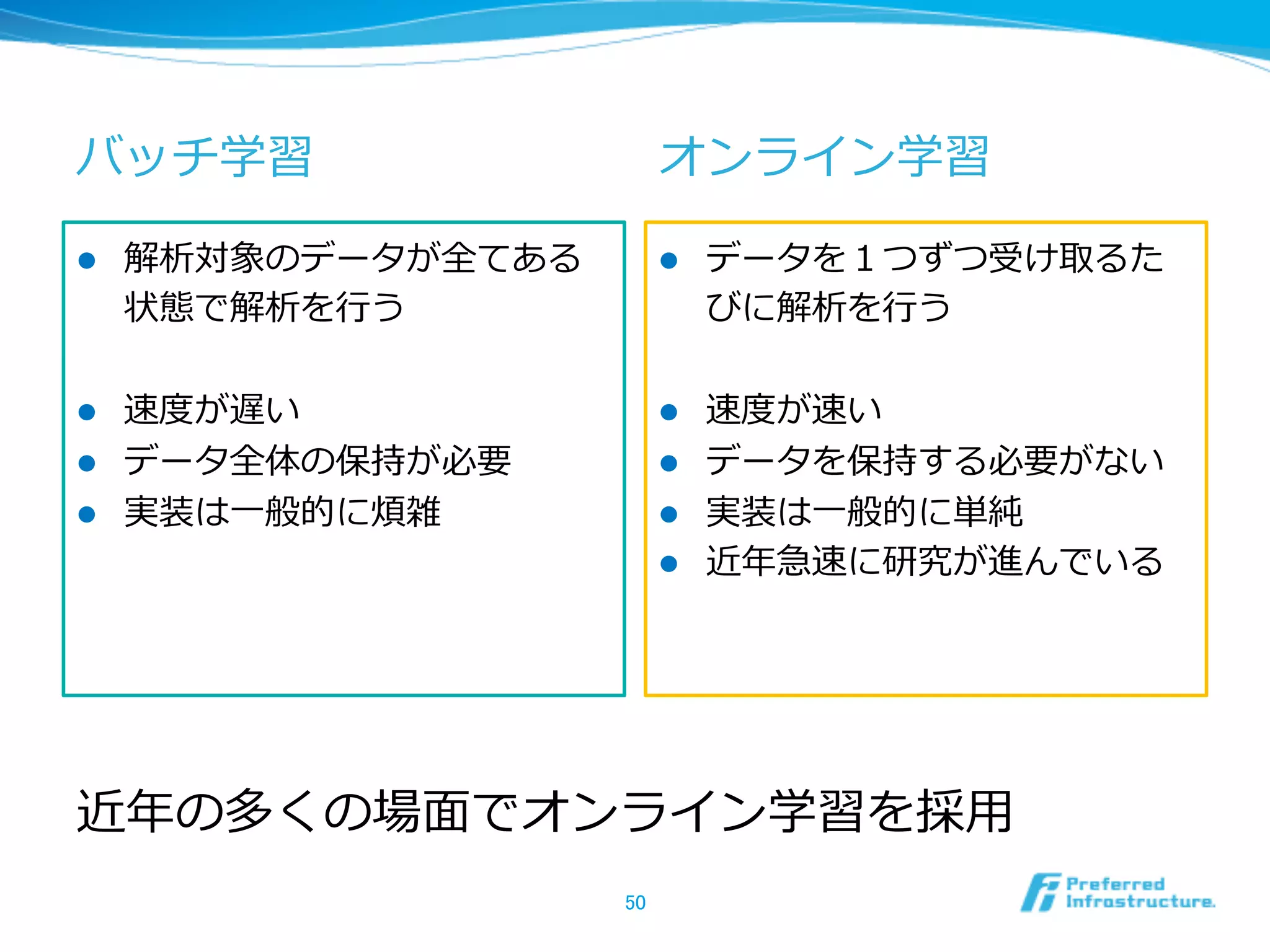 バッチ学習
l  解析対象のデータが全てある
状態で解析を⾏行行う
l  速度度が遅い
l  データ全体の保持が必要
l  実装は⼀一般的に煩雑
l  データを１つずつ受け取るた
びに解析を⾏行行う
l  速度度が速い
l  データを保持する必要がない
l  実装は⼀一般的に単純
l  近年年急速に研究が進んでいる
50	
オンライン学習
近年年の多くの場⾯面でオンライン学習を採⽤用
	
 