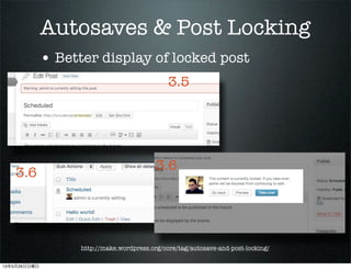 Autosaves & Post Locking
? Better display of locked post
http://make.wordpress.org/core/tag/autosave-and-post-locking/
3.5
3.6
3.6
13526
 