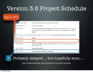 Version 3.6 Project Schedule
May 11, 2013
ƥ
http://make.wordpress.org/core/version-3-6-project-schedule/
Probably delayed ... but hopefully soon ...?
13526
 