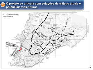 14
O projeto se articula com soluções de tráfego atuais e
potenciais vias futuras
1
Projeto/construção
Existente
 
