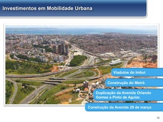Viadutos do Imbui
Construção do Metrô
Duplicação da Avenida Orlando
Gomes e Pinto de Aguiar,
Construção da Avenida 29 de março
Investimentos em Mobilidade Urbana
15
 