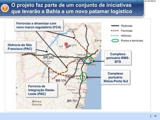 |
SPO-YBA001-20130513
O projeto faz parte de um conjunto de iniciativas
que levarão a Bahia a um novo patamar logístico
1
16
Hidrovia
Rodovias
Ferrovias
Portos e terminais
BR 242
BR 116
BR 101
Complexo
portuário RMS-
BTS
Complexo
portuário
Ilhéus-Porto Sul
Ferrovia de
Integração Oeste-
Leste (PAC)
Hidrovia do São
Francisco (PAC)
Ferrovias a dinamizar com
novo marco regulatório (FCA)
 