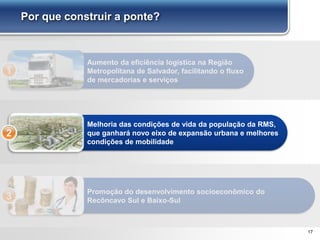 17
Por que construir a ponte?
Aumento da eficiência logística na Região
Metropolitana de Salvador, facilitando o fluxo
de mercadorias e serviços
1
Melhoria das condições de vida da população da RMS,
que ganhará novo eixo de expansão urbana e melhores
condições de mobilidade
2
Promoção do desenvolvimento socioeconômico do
Recôncavo Sul e Baixo-Sul3
 
