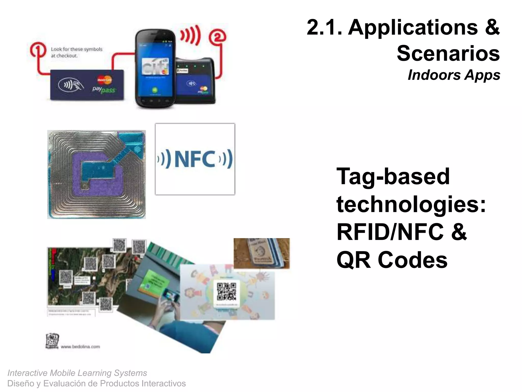 Interactive Mobile Learning Systems
Diseño y Evaluación de Productos Interactivos
19
Pizarra
Tag-based
technologies:
RFID/NFC &
QR Codes
2.1. Applications &
Scenarios
Indoors Apps
 