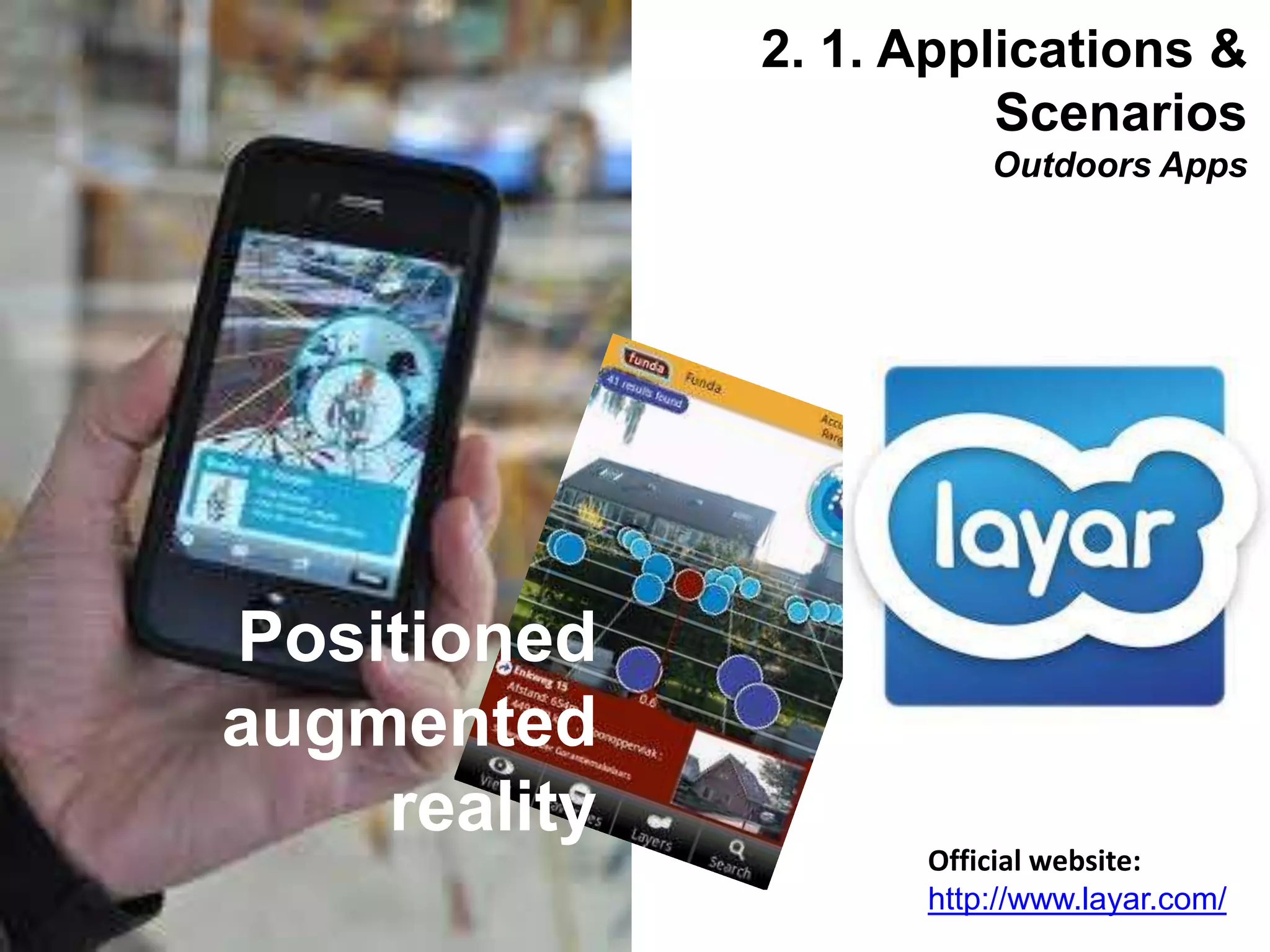 Interactive Mobile Learning Systems
Diseño y Evaluación de Productos Interactivos
21
Positioned
augmented
reality
Official website:
http://www.layar.com/
2. 1. Applications &
Scenarios
Outdoors Apps
 