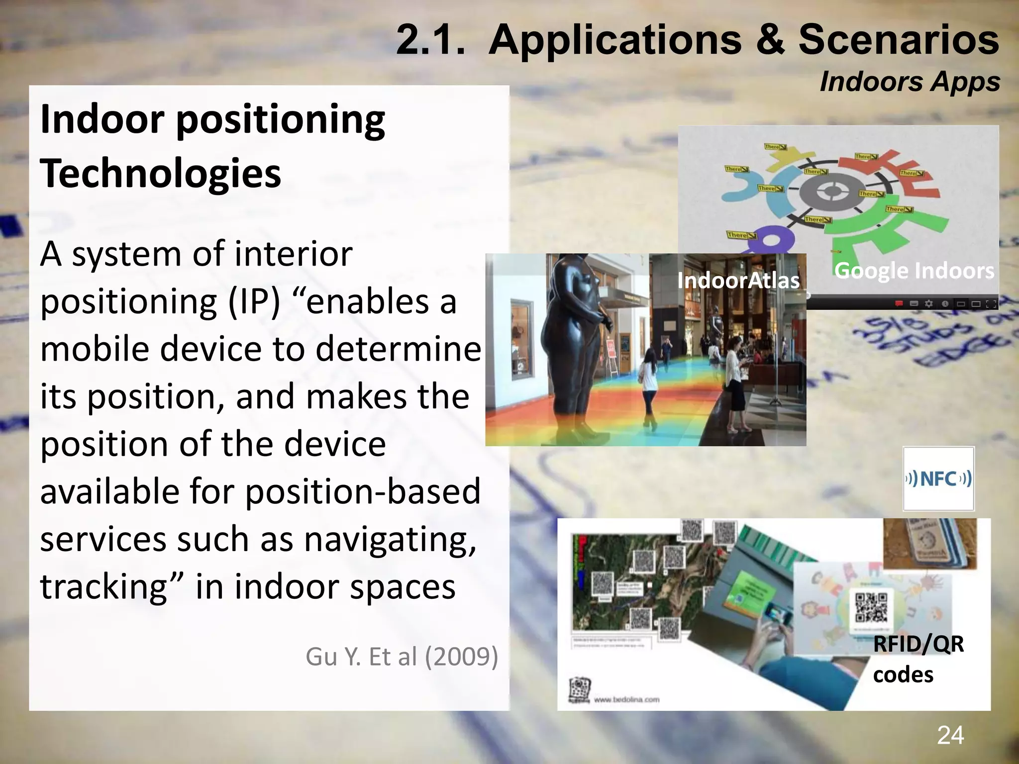 Interactive Mobile Learning Systems
Diseño y Evaluación de Productos Interactivos
24
Indoor positioning
Technologies
A system of interior
positioning (IP) “enables a
mobile device to determine
its position, and makes the
position of the device
available for position-based
services such as navigating,
tracking” in indoor spaces
Gu Y. Et al (2009)
2.1. Applications & Scenarios
Indoors Apps
Google IndoorsIndoorAtlas
RFID/QR
codes
 