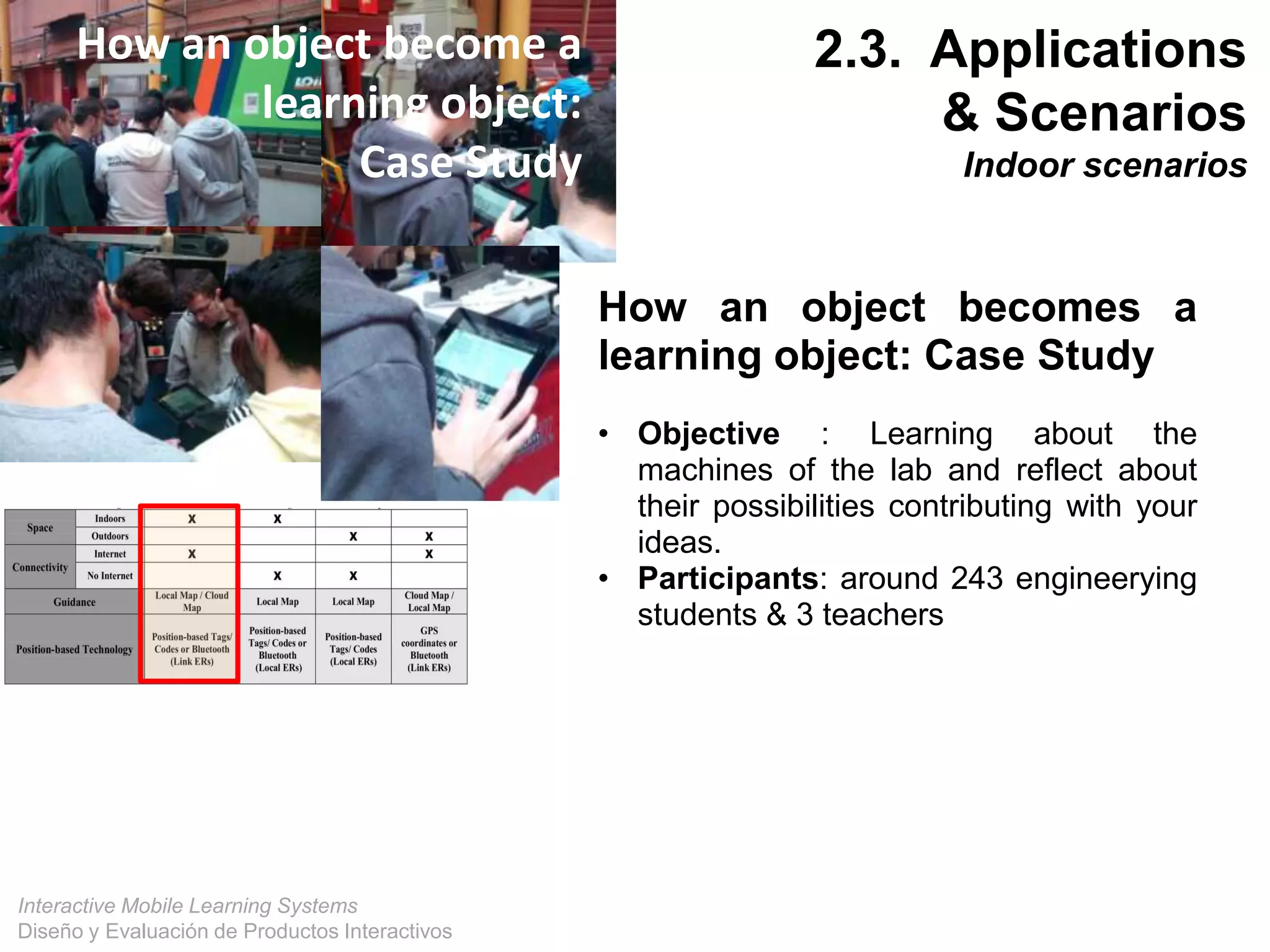 Interactive Mobile Learning Systems
Diseño y Evaluación de Productos Interactivos
2.3. Applications
& Scenarios
Indoor scenarios
How an object become a
learning object:
Case Study
How an object becomes a
learning object: Case Study
• Objective : Learning about the
machines of the lab and reflect about
their possibilities contributing with your
ideas.
• Participants: around 243 engineerying
students & 3 teachers
 
