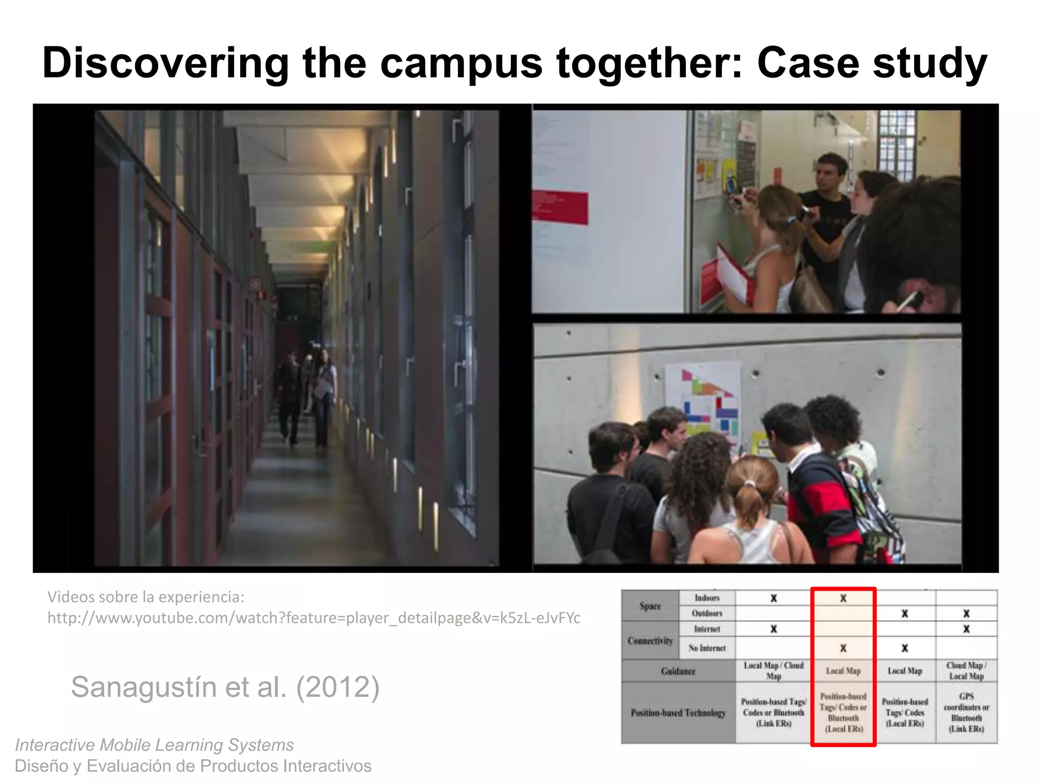 Interactive Mobile Learning Systems
Diseño y Evaluación de Productos Interactivos
Videos sobre la experiencia:
http://www.youtube.com/watch?feature=player_detailpage&v=k5zL-eJvFYc
Discovering the campus together: Case study
Sanagustín et al. (2012)
 