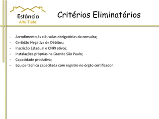 Critérios Eliminatórios
- Atendimento às cláusulas obrigatórias da consulta;
- Certidão Negativa de Débitos;
- Inscrição Estadual e CNPJ ativos;
- Instalações próprias na Grande São Paulo;
- Capacidade produtiva;
- Equipe técnica capacitada com registro no órgão certificador.
 