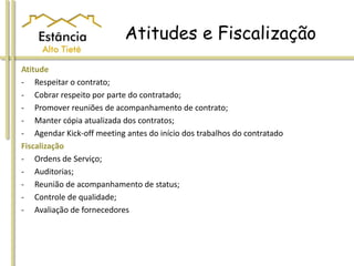 Atitudes e Fiscalização
Atitude
- Respeitar o contrato;
- Cobrar respeito por parte do contratado;
- Promover reuniões de acompanhamento de contrato;
- Manter cópia atualizada dos contratos;
- Agendar Kick-off meeting antes do início dos trabalhos do contratado
Fiscalização
- Ordens de Serviço;
- Auditorias;
- Reunião de acompanhamento de status;
- Controle de qualidade;
- Avaliação de fornecedores
 