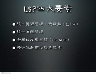 LSP四大要素
• 统一资源管理（元数据＋E+P）
• 统一流程管理
• 全网域发现系统（OPAC?）
• 云计算和面向服务架构
1513年5月22⽇日星期三
 