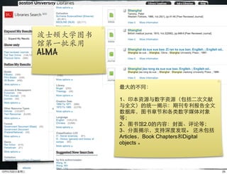 波士顿大学图书
馆第一批采用
ALMA
最⼤大的不同：
1、印本资源与数字资源（包括⼆二次⽂文献
与全⽂文）的统⼀一揭⽰示：期刊专利报告全⽂文
数据库，图书章节和各类数字媒体对象
等；
2、图书馆2.0的内容：封⾯面、评论等；
3、分⾯面揭⽰示，⽀支持深度发现。 还未包括
Articles，Book Chapters和Digital
objects 。
2513年5月22⽇日星期三
 
