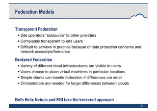 35
Federation Models
Transparent Federation
 Site operators “outsource” to other providers
 Completely transparent to end users
 Difficult to achieve in practice because of data protection concerns and
network access/performance
Brokered Federation
 Variety of different cloud infrastructures are visible to users
 Users choose to place virtual machines in particular locations
 Simple clients can handle federation if differences are small
 Orchestrators are needed for larger differences between clouds
Both Helix Nebula and EGI take the brokered approach
 