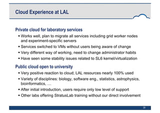 39
Cloud Experience at LAL
Private cloud for laboratory services
 Works well, plan to migrate all services including grid...