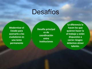 Desafíos
Modernizar el
Estado para
acercarlo a los
ciudadanos es
una tarea
permanente
La diferencia la
hacen los que
quieren hacer la
el trabajo y están
dispuestos a
correr riesgos:
debemos atraer
talento.
Desafío principal
es de
coordinación
entre
instituciones
 