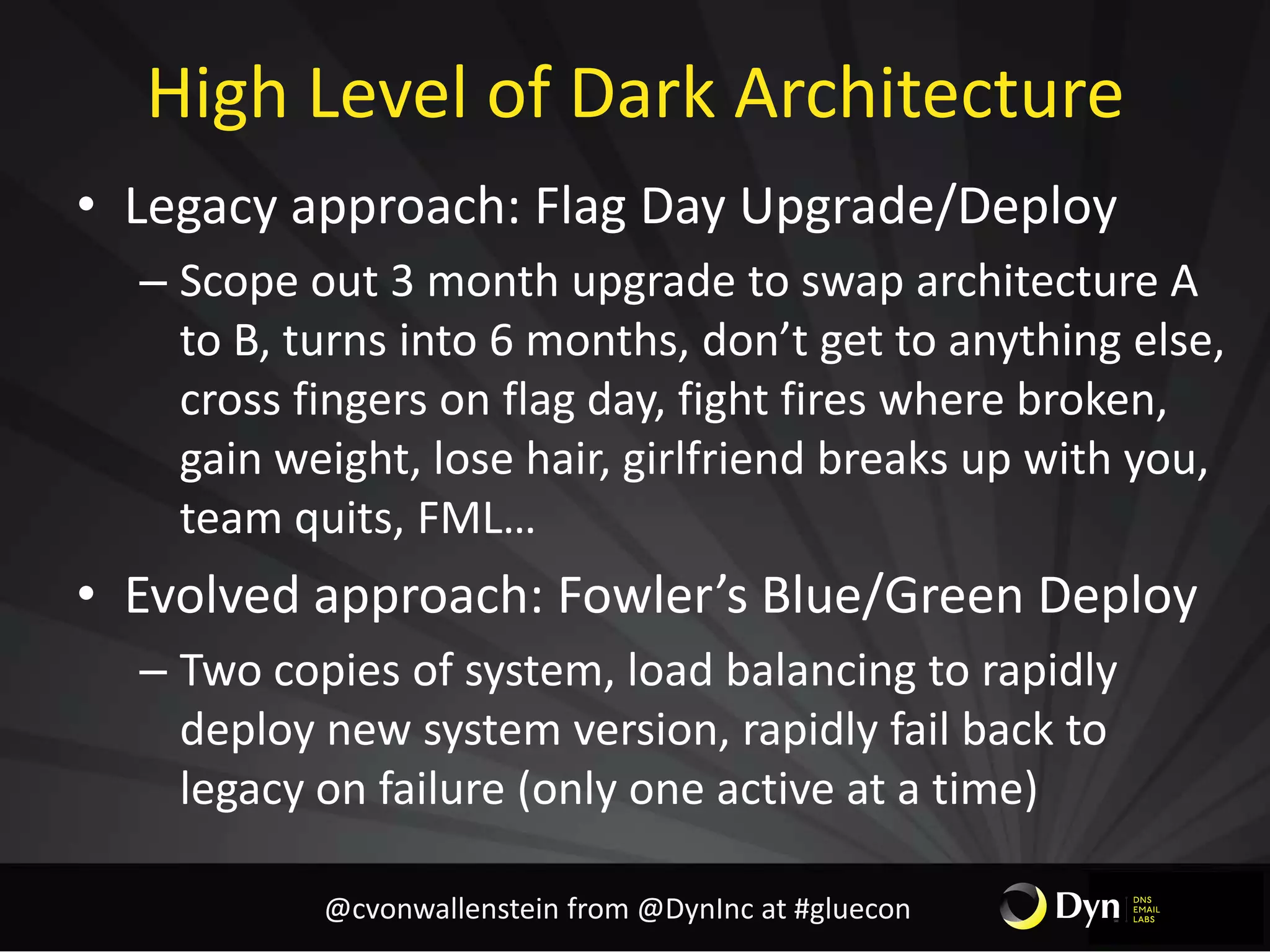 High Level of Dark Architecture
• Legacy approach: Flag Day Upgrade/Deploy
– Scope out 3 month upgrade to swap architecture A
to B, turns into 6 months, don’t get to anything else,
cross fingers on flag day, fight fires where broken,
gain weight, lose hair, girlfriend breaks up with you,
team quits, FML…
• Evolved approach: Fowler’s Blue/Green Deploy
– Two copies of system, load balancing to rapidly
deploy new system version, rapidly fail back to
legacy on failure (only one active at a time)
@cvonwallenstein from @DynInc at #gluecon
 