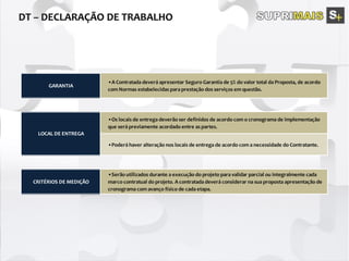 GARANTIA
•A Contratada deverá apresentar Seguro Garantia de 5% do valor total da Proposta, de acordo
com Normas estabelecidas para prestação dos serviços em questão.
•Os locais de entrega deverão ser definidos de acordo com o cronograma de implementação
que será previamente acordado entre as partes.
•Poderá haver alteração nos locais de entrega de acordo com a necessidade do Contratante.
CRITÉRIOS DE MEDIÇÃO
•Serão utilizados durante a execução do projeto para validar parcial ou integralmente cada
marco contratual do projeto. A contratada deverá considerar na sua proposta apresentação de
cronograma com avanço físico de cada etapa.
LOCAL DE ENTREGA
 