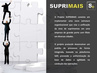 O Projeto SUPRIMAIS consiste em
implementar uma nova estrutura
organizacional que visa a unificação
da área de suprimentos em uma
empresa de grande porte com filiais
em diversas cidades.
O projeto pretende desenvolver um
padrão de processos de forma
integrada, baseada na plataforma
SAP, prevendo a uniformização da
base de dados e agilidade na
condução das operações.
 