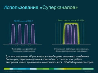 © 2012 Cisco and/or its affiliates. All rights reserved. Cisco Confidential 7
Для использования «Суперканалов» необходима возможность гибкого и
более гранулярного выделения полосы/части спектра, что требует
внедрения новых, принципиально отличающихся, ROADM мультиплексоров.
Фиксированные расстояния
Неиспользуемая полоса
Суперканал, состоящий из нескольких,
близко расположенных поднесущих
Весь спектр с шагом 12.5 ГГц50 ГГц сетка ITU-T
 