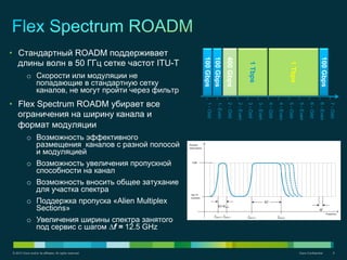 © 2012 Cisco and/or its affiliates. All rights reserved. Cisco Confidential 8
1-Odd
1-Even
2-Odd
2-Even
3-Odd
3-Even
4-Odd
4-Even
5-Odd
5-Even
6-Odd
6-Even
7-Odd
100Gbps
400Gbps
1Tbps
100Gbps
1Tbps
100Gbps
•  Стандартный ROADM поддерживает
длины волн в 50 ГГц сетке частот ITU-T
o  Скорости или модуляции не
попадающие в стандартную сетку
каналов, не могут пройти через фильтр
•  Flex Spectrum ROADM убирает все
ограничения на ширину канала и
формат модуляции
o  Возможность эффективного
размещения каналов с разной полосой
и модуляцией
o  Возможность увеличения пропускной
способности на канал
o  Возможность вносить общее затухание
для участка спектра
o  Поддержка пропуска «Alien Multiplex
Sections»
o  Увеличения ширины спектра занятого
под сервис с шагом ∆f = 12.5 GHz
 