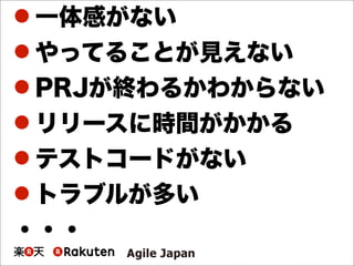  一体感がない
 やってることが見えない
 PRJが終わるかわからない
 リリースに時間がかかる
 テストコードがない
 トラブルが多い
・・・
 