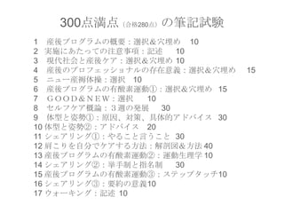 300点満点（合格280点）の筆記試験
1 産後プログラムの概要：選択＆穴埋め 10
2 実施にあたっての注意事項：記述 10
3 現代社会と産後ケア：選択＆穴埋め 10
4 産後のプロフェッショナルの存在意義：選択＆穴埋め 15
5 ニュー産褥体操：選択 10
6 産後プログラムの有酸素運動①：選択＆穴埋め 15
7 ＧＯＯＤ＆ＮＥＷ：選択 10
8 セルフケア概論：３週の発展 30
9 体型と姿勢①：原因、対策、具体的アドバイス 30
10 体型と姿勢②：アドバイス 20
11 シェアリング①：やること言うこと 30
12 肩こりを自分でケアする方法：解剖図＆方法 40
13 産後プログラムの有酸素運動②：運動生理学 10
14 シェアリング②：挙手制と指名制 30
15 産後プログラムの有酸素運動③：ステップタッチ10
16 シェアリング③：要約の意義10
17 ウォーキング：記述 10
 
