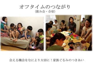 オフタイムのつながり
（飲み会・合宿）
会える機会をなにより大切に！家族ぐるみのつきあい
 