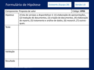 Componente: Proposta de valor Código: VP01
Hipotese A lista de serviços a disponibilizar é: (1) elaboração de apresentações,
(2) tradução de documentos, (3) criação de documentos, (4) elaboração
de reports, (5) tratamento e análise de dados, (6) research, (7) outros-
quais.
Teste
Validação
Resultado
www.fabricadestartups.com Copyright Fábrica de Startups, S.A.
Formulário de Hipótese Outworks (Equipa 28) Versão 1.0
 