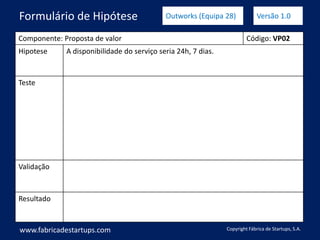 Componente: Proposta de valor Código: VP02
Hipotese A disponibilidade do serviço seria 24h, 7 dias.
Teste
Validação
Resultado
www.fabricadestartups.com Copyright Fábrica de Startups, S.A.
Formulário de Hipótese Outworks (Equipa 28) Versão 1.0
 