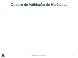 Quadro de Validação de Hipóteses
Copyright Fábrica de Startups 7
 