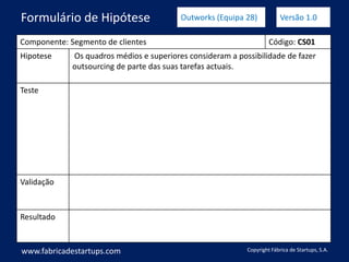 Componente: Segmento de clientes Código: CS01
Hipotese Os quadros médios e superiores consideram a possibilidade de fazer
outsourcing de parte das suas tarefas actuais.
Teste
Validação
Resultado
www.fabricadestartups.com Copyright Fábrica de Startups, S.A.
Formulário de Hipótese Outworks (Equipa 28) Versão 1.0
 