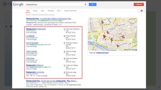 28
 Plateforme de référencement local de Google
 Créer une fiche entreprise sur la section carte des moteurs de recherche
o Inscription sur Google « Places for Business »
o Simple et gratuit
o Les étapes d’inscription :
1. Transmettez les informations à Google (coordonnées, photos, vidéos, etc.)
2. Validez votre fiche par téléphone ou courrier
3. Attendez que votre fiche figure sur Google (2 semaines maximum)
 
